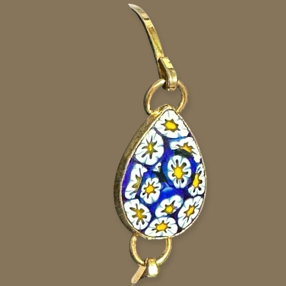 Blue Floral Mille Fiori Enamel and Gold tone Bracelet Bangle - Picture 4 of 13